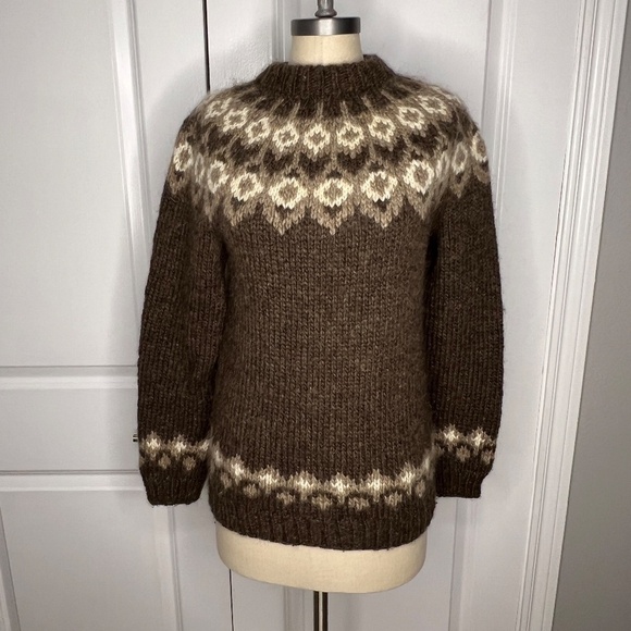 Cowichan Wool Crew Neck Sweater Hand Knit Size Brown Wool Size Small 90's - Picture 2 of 4